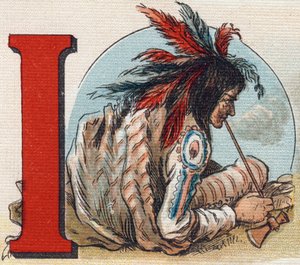 Buchstabe I: Amerikanischer Indianer. Gravur in "Alphabet de ma petite fille". Bernardin-Bechet und Fils, Buchhändler-Verleger, Paris, um 1895. Unzerbrechliches Album auf Leinwand. Bibliotheque des Bebes. 12 Seiten. Album mit einer Lesemethode und einem il von Unbekannt