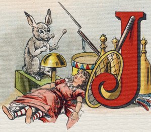Buchstabe J: Spielzeuge. Gravur in "Alphabet de ma petite fille". Bernardin-Bechet und Fils, Buchhändler-Verleger, Paris, um 1895. Unzerbrechliches Album auf Leinwand. Bibliotheque des Bebes. 12 Seiten. Album mit einer Lesemethode und einem illustrierten A von Unbekannt