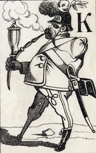 Buchstabe K Fritz Kreutzer. Gravur in "ABC Les Images en Alphabet". Epinal-Bildgebung. Pellerin und Cie, Drucker-Verleger, Epinal, Ende des 19. Jahrhunderts, circa 1890.
