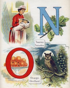 Buchstaben N und O: Krankenschwester, Haselnuss, Orangen und Ohr. Gravur in "ABC L