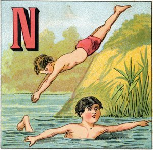Buchstabe N für Schwimmen. Gravur in „Alphabet des petits écoliers“. Bild von Epinal, um 1885. Private Sammlung von Unbekannt