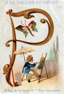 Buchstabe P: Maler, Schmetterling, Sonnenschirm, Pfeife. Alphabet Art Nouveau: Serie von 25 Werbe-Chromolithographien. Lithographie von Alfred Clarey, Ende des 19. Jahrhunderts. Dim 115x75mm