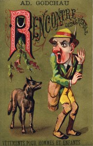 Buchstabe R: Unangenehme Begegnung. Gravur in "Alphabet des grotesques". Serie von 25 Werbe-Chromolithographien auf goldenem Hintergrund, Ende des 19. Jahrhunderts. von Unbekannt