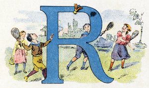 Buchstabe R: Fliegende Rakete. Alphabet von Phosphatine Falieres. Gravur. Brevete Alphabet S.G.D.G. von Apotheker Pierre Emile Falieres. Illustrationen in Chromolithographie, Ende des 19. Jahrhunderts. 16 Seiten.