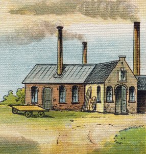 Buchstabe U: Fabrik. Gravur in "Alphabet de ma petite fille". Bernardin-Bechet und Fils, Buchhändler-Verleger, Paris, um 1895. Unzerbrechliches Album auf Leinwand. Bibliotheque des Bebes. 12 Seiten. Album mit einer Lesemethode und einem illustrierten Abece von Unbekannt