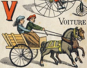 Buchstabe V für Auto. Gravur in "ABC Toys". Epinal-Bildgebung in Chromolithographie, um 1890. Kleines Heft mit 8 Seiten.