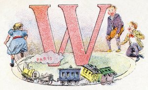 Buchstabe W: Wagen. Alphabet von Phosphatine Falieres. Gravur. Brevete Alphabet S.G.D.G. von Apotheker Pierre Emile Falieres. Illustrationen in Chromolithographie, Ende des 19. Jahrhunderts. 16 Seiten. von Unbekannt