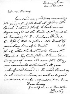 Brief von John Wesley an Samuel Bradburn, in dem er seine starke Meinung äußert, dass die Methodisten die Kirche von England nicht verlassen sollten, geschrieben in Birmingham, 25. März