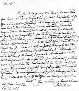 Brief von David Hume an Richard Davenport über die großen Schwierigkeiten seiner Beziehung zu Jean-Jacques Rousseau, Rousseaus Weigerung, eine Pension anzunehmen, und seine Streitigkeiten mit Hume, 8. Juli