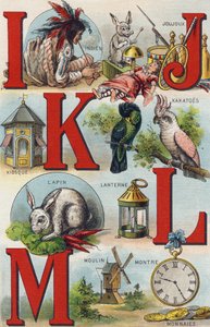 Buchstaben I J K L; Indianer; Joujoux; Kakadu; Kiosk; Laterne; Kaninchen; Uhrmünzen; Mühle. Gravur in "Alphabet de ma petite fille". Bernardin-Bechet und Fils, Buchhändler-Verleger, Paris, um 1895. von Unbekannt