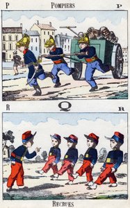 Buchstaben P Q R: Feuerwehrleute und Rekruten (Illustration aus „Alphabet militaire enfantin“)