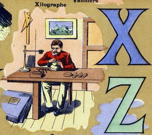Buchstaben X und Z als Xylograph. Graveur beim Holzschnitt. Illustriertes Alphabet. Bilder vereint in Jarville-Nancy, Anfang des 20. Jahrhunderts. Dim: 40 x 29 cm. Lithographie auf bistre Hintergrund