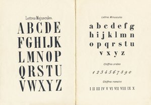 Großbuchstaben, Kleinbuchstaben, arabische und römische Ziffern - Gravur aus ABCD der kleinen Mädchen. Pellerin & Cie, Drucker-Verleger, Epinal, um 1890. Serie A. Maße: 19 x 13,5 cm. von Unbekannt