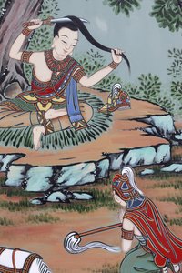 Leben Buddhas. Fern vom Palast tauschte Prinz Siddhartha seine feinen Kleider gegen Lumpen und schnitt sein langes Haar ab, Seoul, Südkorea