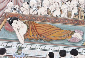 Leben Buddhas. Nach 45 Jahren des Lehrens ging der Buddha ins Parinirvana über, Seoul, Südkorea