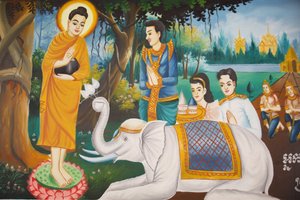 Leben des Buddha: Ein wilder Elefant gezähmt durch Liebende Güte, Siem Reap, Kambodscha