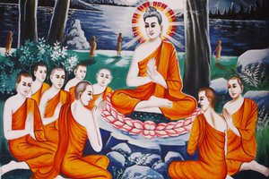 Leben des Buddha Fragender Buddha lehrte seine Jünger die Kunst des Fragens, Siem Reap, Kambodscha
