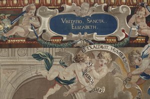 Leben der Jungfrau: „Die Heimsuchung“ (Detail) Wandteppich aus Wolle und Seide, hergestellt in der Werkstatt von Pierre Damour nach den Zeichnungen von Charles Poerson (1609-1667)
