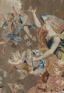 Leben der Jungfrau: „Die Verkündigung“ (Detail) Wandteppich aus Wolle und Seide, hergestellt in der Werkstatt von Pierre Damour nach den Zeichnungen von Charles Poerson (1609-1667)