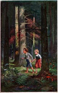 Literatur. Märchen. Hänsel und Gretel im Wald verloren. Illustration von Otto Kubel für das Märchen der Brüder Grimm. Postkarte, Deutschland, um 1900. von Unbekannter Künstler