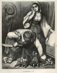 Kleiner Poulet und seine Brüder bitten den Oger, sie nicht zu töten. Gravur von Gustave Doré (1832-1883) aus „Les contes“ von Charles Perrault (1628-1703) von Unbekannt