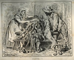 Kleiner Poulet und seine hungrigen Brüder. Gravur von Gustave Doré (1832-1883) aus „Les contes“ von Charles Perrault (1628-1703) von Unbekannt