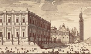 Lonja de Comercio und Teilansicht der Kathedrale von Sevilla. Gravur. Spanien. Madrid. Nationalbibliothek von Unbekannter Künstler