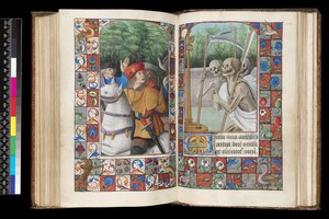 MS 92 f.132v-133r, Totenoffizium, Matutin, Die drei Lebenden und die drei Toten, aus einem Stundenbuch, Westfrankreich, Gebrauch von Rom, 1490-1510 von Unbekannt
