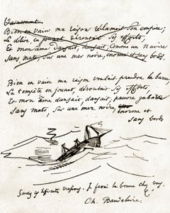 Manuskript von Charles Baudelaire, illustriert mit einer Zeichnung eines Bootes von Unbekannter Künstler