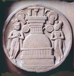 Medallion mit Verehrern, Relief aus der Stupa von Bharhut, buddhistisches Denkmal, Madhya Pradesh, Indien, indische Zivilisation, 2. Jahrhundert v. Chr.