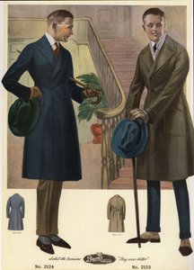 Männermode 1920 - Männer in zweireihigen Mänteln mit Spazierstöcken und Hüten, die Gamaschen tragen. Chromolithographie aus einem Katalog der Herrenmode von Bruner Woolens von Unbekannter Künstler