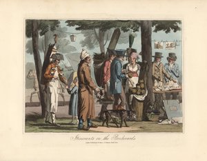 Wanderhändler auf den Boulevards, ein Kräutertee-Verkäufer mit seinem Fass auf dem Rücken, ein Blinder mit seinem Hund, ein Träger und ein Druckverkäufer - Radierung nach einer Illustration von Victor Auver, aus Un tour durch Paris, veröffentlicht von Will von Unbekannter Künstler