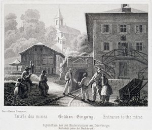 Salzmine: der Eingang zur Mine, in Durrnberg, Österreich, um 1850