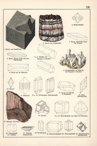 Mineralien und Kristalle (Fluorit, Coelestin und faseriges Edelsteinsalz) - Chromolithographie der Mineralogie von Gustav Adolph Kengott (1818-1897), entnommen aus der Naturgeschichte von Gotthilf Heinrich von Schubert (1780-1860) von Unbekannter Künstler