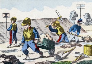Minenarbeiter. Gravur in "Alphabet militaire enfantin". Bildgebung von Pont-a-Mousson, um 1890. 20 Seiten.