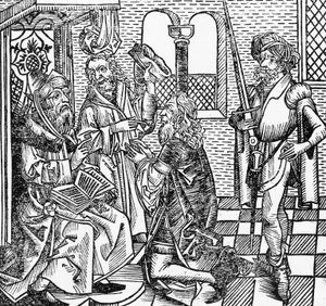 Mohammed am Hof, deutscher Holzschnitt, aus der Nürnberger Chronik (Liber Chronicarum) von Hartmann Schedel von William M. Timlin