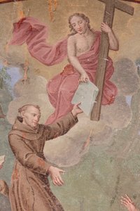 Kloster von Saorge 18. Jahrhundert Fresko, das das Leben des Heiligen Franziskus von Assisi darstellt, Saorge, Frankreich