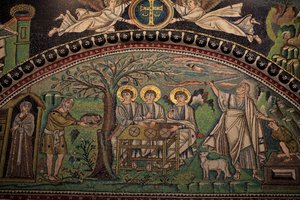 Mosaik aus dem Alten Testament "Opferung Isaaks". Basilika von San Vitale. 6. Jahrhundert, Ravenna, Italien. UNESCO