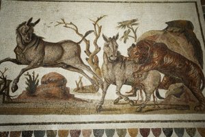 Mosaik von Tierkämpfen: Tiger greift zwei Nachtprimaten an. II Jh. n. Chr. / Museum von El Jem (Antikes Thysdrus) / Tunesien von Unbekannt