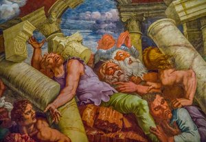 Berühmtestes Fresko des Manierismus: Giulio Romanos Illusion erfindet eine Kuppel und löst die Architektur des Raumes in den Fall der Giganten auf, Saal der Giganten