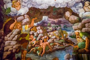 Berühmtestes Fresko des Manierismus: Giulio Romanos Illusion erfindet eine Kuppel und löst die Architektur des Raumes in den Fall der Giganten auf, Saal der Giganten von Unbekannter Künstler