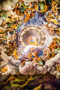 Berühmtestes Fresko des Manierismus: Giulio Romanos Illusion erfindet eine Kuppel und löst die Architektur des Raumes in den Fall der Giganten auf, Saal der Giganten von Unbekannter Künstler