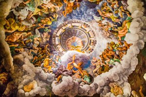 Berühmtestes Fresko des Manierismus: Giulio Romanos Illusion erfindet eine Kuppel und löst die Architektur des Raumes in den Fall der Giganten auf, Saal der Giganten von Unbekannter Künstler