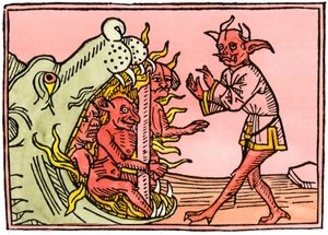 Mythen und Legenden: Drachenmaul in der Hölle, das Dämonen verbrennt (Farbstich aus einer Augsburger Ausgabe)