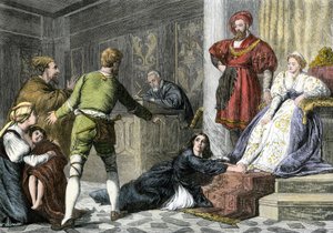 Mythen und Legenden: die Tochter eines Juden, die im Mittelalter der Hexerei beschuldigt wurde (Farbstich des 19. Jahrhunderts) von Unbekannter Künstler