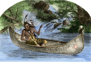 Ureinwohner Amerikas: Indianer. Hiawatha beim Fischen in einem Kanu. Farbige Gravur des 19. Jahrhunderts.
