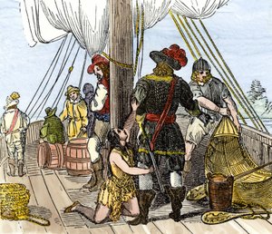 Ureinwohner Amerikas: Indianer. Pocahontas gefangen an Bord eines Schiffes von Jamestown. Farbige Gravur des 19. Jahrhunderts.