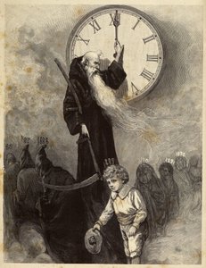 Neujahrsallegorie 1889, die ein altes Gewölbe darstellt, das das alte Jahr symbolisiert, das einem lächelnden kleinen Jungen Platz macht, der das neue Jahr symbolisiert. Die Zeit schaut auf die Szene, indem sie die Zeiger einer Uhr dreht. Gravur aus dem 19 von Unbekannter Künstler