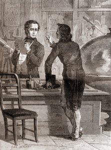 Nicéphore Niépce, noch unbekannt und arm, im optischen und Instrumentengeschäft von Charles Chevalier, aus Les Merveilles de la Science, veröffentlicht um 1870 (Gravur)