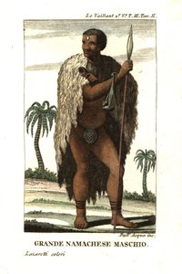 Edler Namaqua-Mann aus Südafrika. Er trägt einen Pelzumhang und einen Lendenschurz und hält einen Speer. Von Francois Le Vaillant von Unbekannter Künstler
